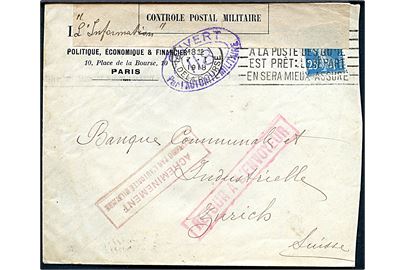 25 c. på brev fra Paris d. 7.1.1918 til Zürich, Schweiz. Åbnet af fransk censur no. 118 og returneret med stempel Acheminement suspendu par l'autorité militaire.