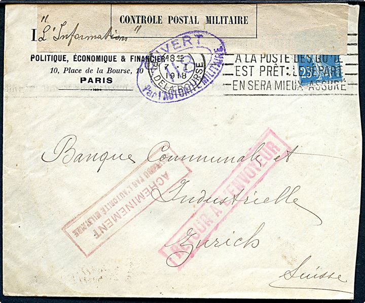25 c. på brev fra Paris d. 7.1.1918 til Zürich, Schweiz. Åbnet af fransk censur no. 118 og returneret med stempel Acheminement suspendu par l'autorité militaire.