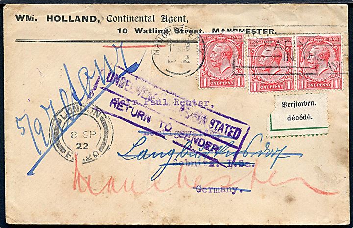 1d George V (3) på brev fra Manchester d. 1.9.1922 til Sebnitz, Tyskland. Retur med 2-sproget etiket Verstorben (død).