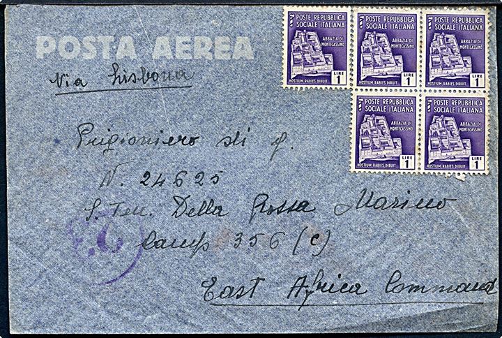 Facistrepublik 1 l. (5) ustemplet på luftpost krigsfangebrev fra Udine ca. 1945 til krigsfangelejr Camp 356 (c), East Africa Command. (= Eldoret, Kenya).