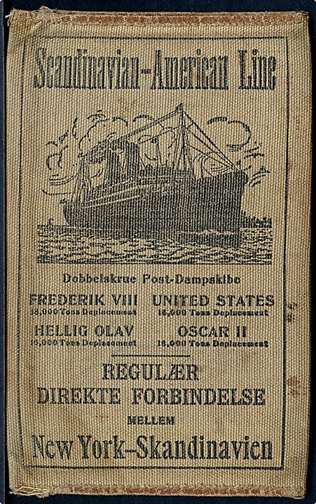 Skandinavisk Amerika Linie. Illustreret stof billetlomme med billed af dampskib og adresser på agenturer i både Amerika og Skandinavien. Ca. 1915.