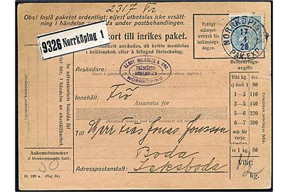 90 öre Posthorn med perfin A.H. på adressekort for pakke fra firma Algot Holmberg & Son i Norrköping d. 17.4.1928 til Leksboda.