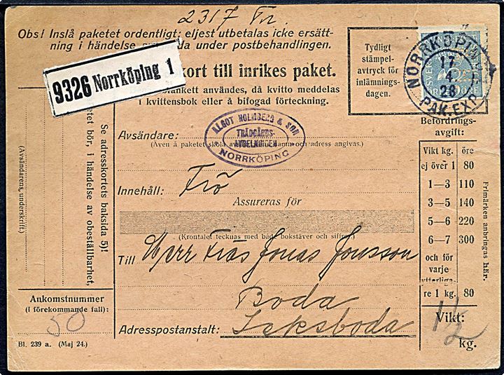 90 öre Posthorn med perfin A.H. på adressekort for pakke fra firma Algot Holmberg & Son i Norrköping d. 17.4.1928 til Leksboda.