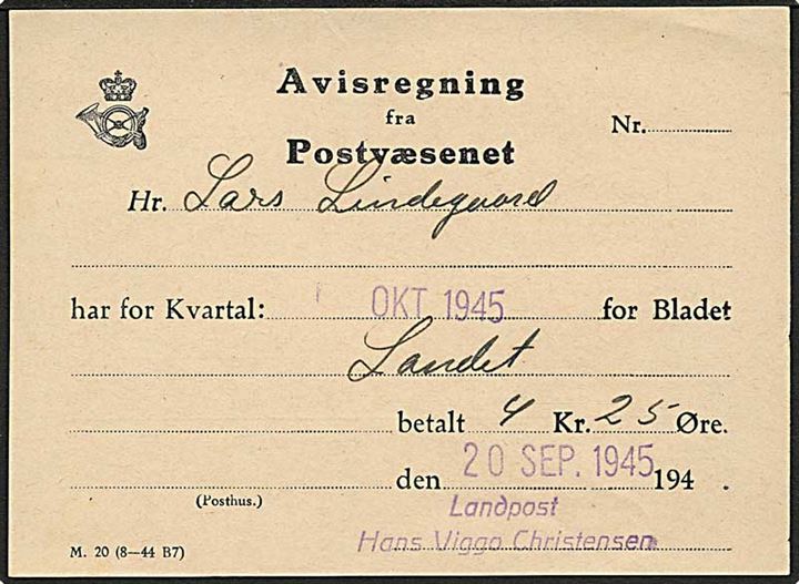 Avisregning fra Postvæsnet - formular M.20 (8-44 B7) dateret d. 20.9.1945 med stempel: Landpost Hans Viggo Christensen.