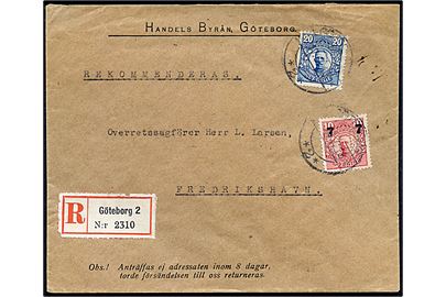 7/10 öre Provisorium med perfin H.B. og 20 öre Gustaf uden perfin på anbefalet firmakuvert fra Handels Byrån i Göteborg d. 17.7.1918 til Frederikshavn, Danmark.