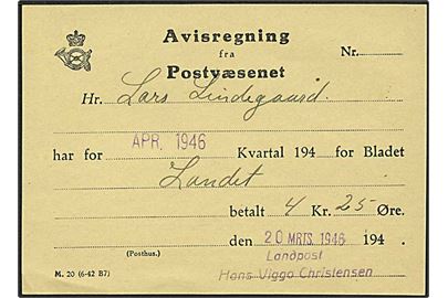 Avisregning fra Postvæsnet - formular M.20 (6-42 B7) dateret d. 20.3.1946 med stempel: Landpost Hans Viggo Christensen.