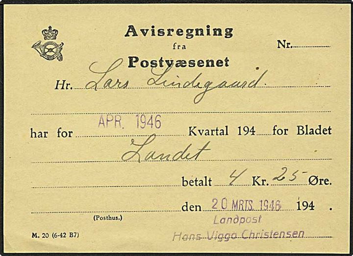 Avisregning fra Postvæsnet - formular M.20 (6-42 B7) dateret d. 20.3.1946 med stempel: Landpost Hans Viggo Christensen.