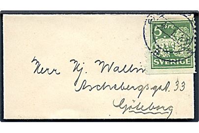 5 öre Løve med perfin J.A.W. (J.A.Wettergren & Co) på lille tryksag sendt lokalt i Göteborg d. 4.1.1933. Uden afsender.