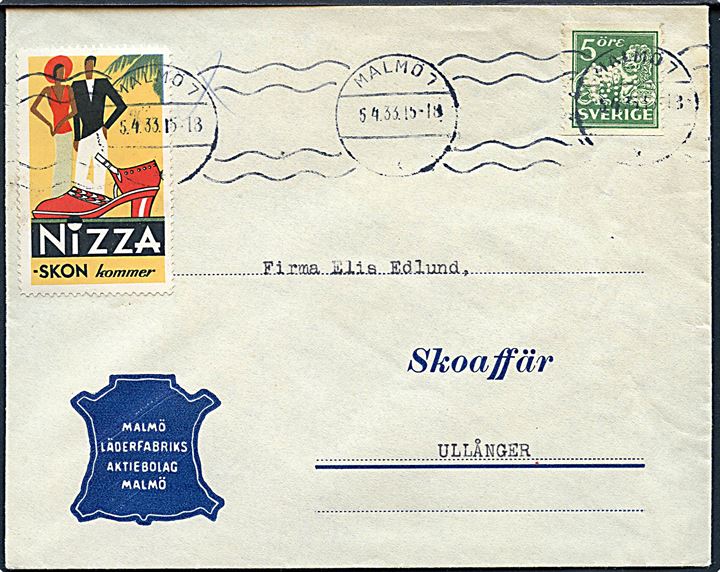 5 öre Løve med perfin M.L. på firmakuvert fra Malmö Läderfabriks A/B med mærkat NIZZA skon kommer sendt som tryksag fra Malmö d. 5.4.1933 til Ullånger.