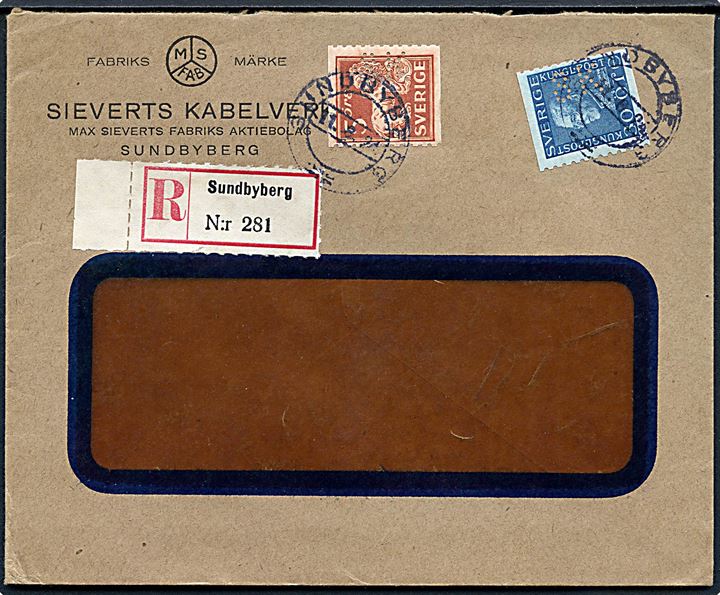 5 öre Løve og 30 öre Gustaf med perfin SK på anbefalet rudekuvert fra firma Sieverts Kabelverk i Sundbyberg d. 11.6.1924.