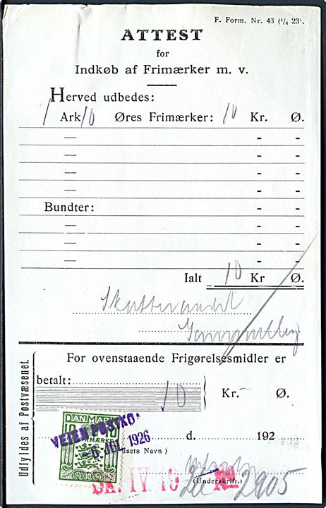 10 øre Gebyrmærke annulleret med kontorstempel Vejle Postkontor d. 6.7.1926 på Attest for Indkøb af Frimærker m.v. - F. Form. Nr. 43 (1/4 23).