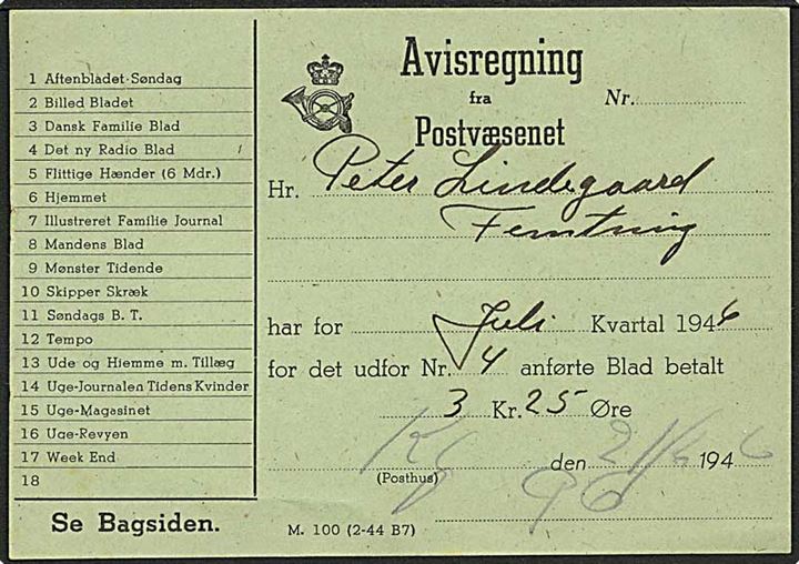 Avisregning fra Postvæsnet - formular M.100 (2-44 B7) dateret d. 21.5.1946.