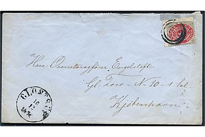 4 sk. Tofarvet på brev annulleret med stumt stempel og sidestemplet antiqua Glostrup d. 10.12.1872 til Kjøbenhavn. Tape rest i overkant og på bagside.