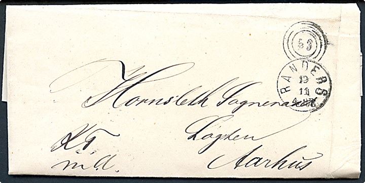 1870. Ufrankeret tjenestebrev mærket K.T.m.A. fra Randers Amthuus med kombineret nr.stempel 53/Randers d. 19.11.1870 til Hornslet Sogneraad, Løgten pr. Aarhus. 