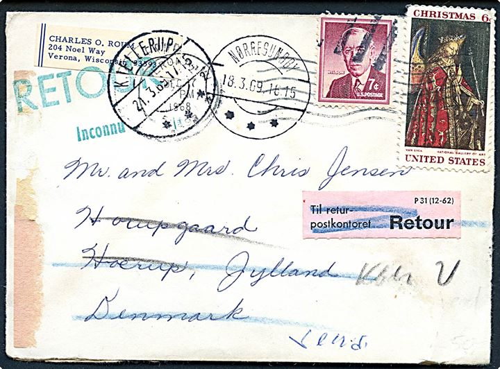 Amerikansk 13 cents frankeret brev fra Verona d. 17.12.1968 til Danmark. Forsøgt i Sæby, Nørresundby og Jelling med flere stempler. Retur via Returpostkontoret.