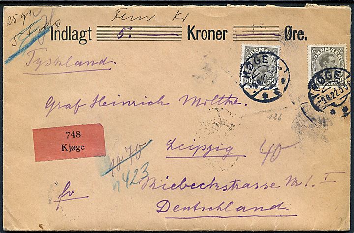 50 øre Chr. X (2) på værdibrev fra Køge d. 9.8.1922 til Leipzig, Tyskland.