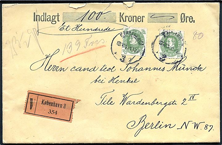 40 øre Chr. X 60 år (2) på værdibrev fra Kjøbenhavn d. 13.4.1931 til Berlin, Tyskland.
