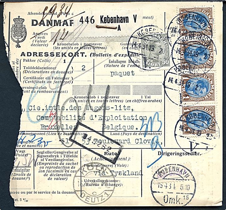 50 øre og 1 kr. (4-stribe) Chr. X på internationalt adressekort for pakke fra København d. 14.4.1934 via Köln til Bruxelles, Belgien.