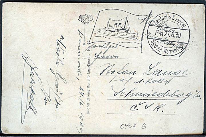 25 øre Karavel på billedside af brevkort annulleret med tysk skibsstempel Deutsche Seepost Gjedser - Warnemünde F.h. d. 27.6.1930 til Tjekkoslovakiet.