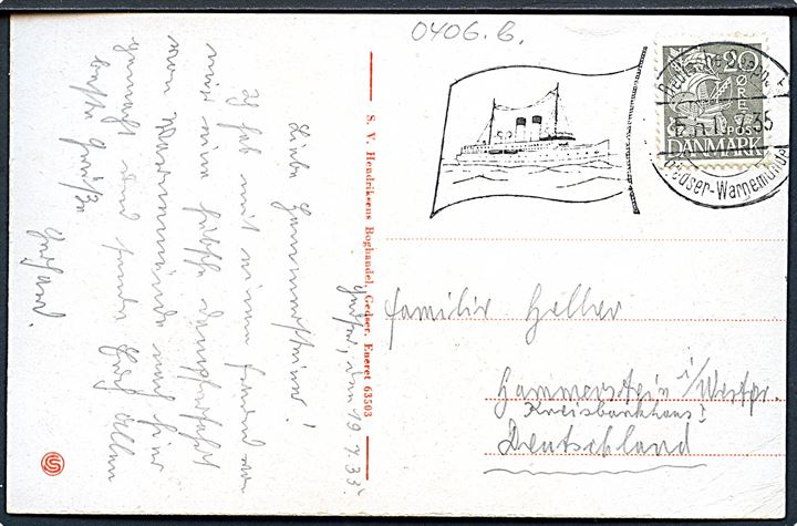 20 øre Karavel på brevkort (Parti fra Gedser) annulleret med tysk skibsstempel Deutsche Seepost Gjedser - Warnemünde F.h. d. 19.7.1935 til Hammerstein, Tyskland.