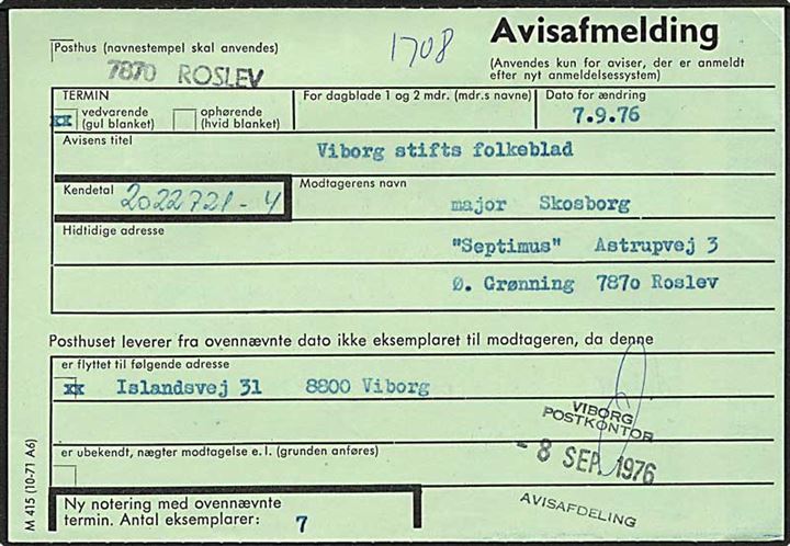 Avisafmelding - formular M415 (10-71 A6) fra Roslev d. 7.9.1976.