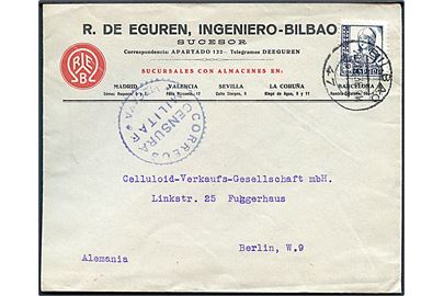 50 cts. Isabel single på brev fra Bilbao d. 29.1.1938 til Berlin, Tyskland. Lokal spansk censur fra Vizcaya.