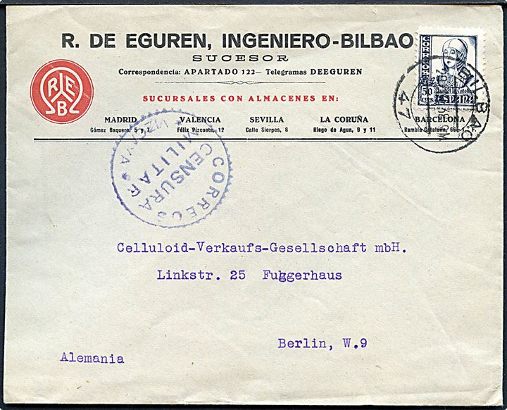 50 cts. Isabel single på brev fra Bilbao d. 29.1.1938 til Berlin, Tyskland. Lokal spansk censur fra Vizcaya.