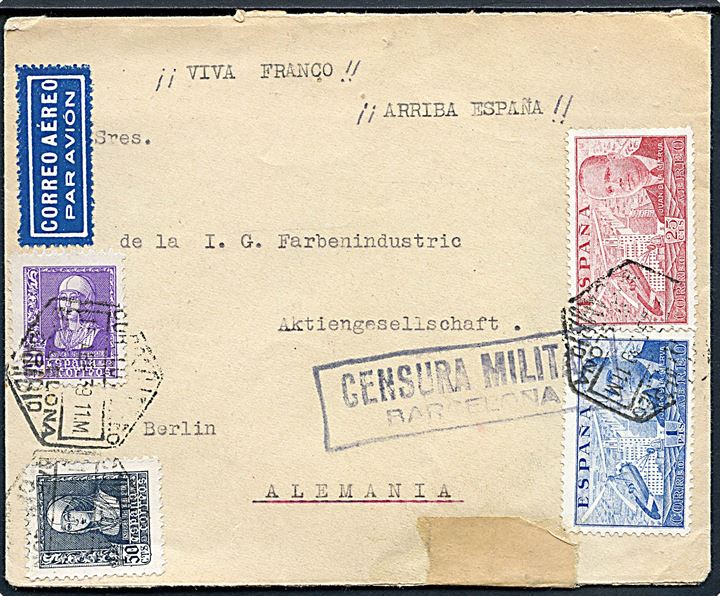 20 cts., 50 cts. Isabel, 25 cts. og 1 pts. Luftpost på luftpostbrev fra Barcelona d. 15.4.1939 til Berlin, Tyskland. Lokal spansk censur fra Barcelona.