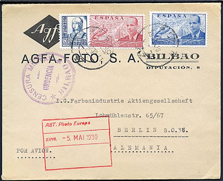70 cts. Isabel, 25 cts. og 1 pts. Luftpost på luftpostbrev fra Bilbao d. 29.4.1939 til Berlin, Tyskland. Lokal spansk censur fra Bilbao.
