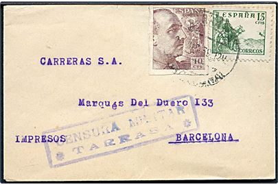 15 cts. Rytter og 10 cts. Franco på tryksag fra Tarrasa d. 26.8.1939 til Barcelona. Lokal spansk censur fra Terrasa.