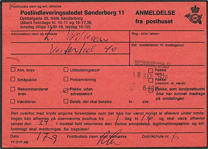 Anmeldelse fra Posthuset - formular F5 (2-77 A6) fra Postindleveringsstedet Sønderborg 11.