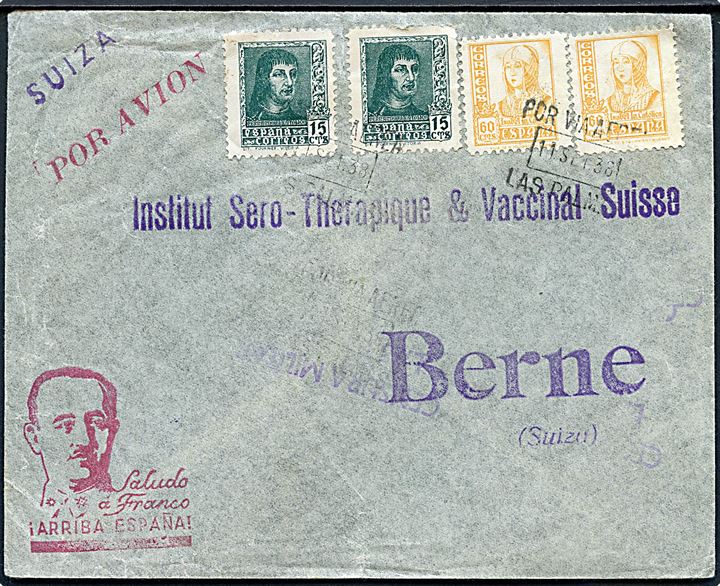 15 cts. (2) og 60 cts. (2) på luftpostbrev fra Las Palmas d. 11.9.1938 til Bern, Schweiz. Svagt censurstempel.