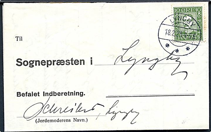10 øre Chr. X Postjubilæum single på lokal Befalet Indberetning stemplet Lyngby d. 18.2.1925.