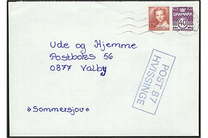 40 øre Bølgelinie og 2,80 kr. Margrethe på brev fra Glostrup d. 19.7.1983 til Valby. Rammestempel: POST 87 HVISSINGE.