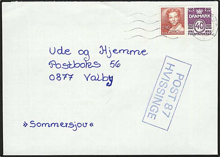 40 øre Bølgelinie og 2,80 kr. Margrethe på brev fra Glostrup d. 19.7.1983 til Valby. Rammestempel: POST 87 HVISSINGE.