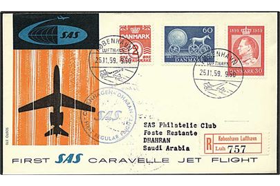 2 øre Bølgelinie, 30 øre Fr. IX 60 år og 60 øre Nationalmuseet på anbefalet SAS 1.-flyvningskuvert fra København d. 25.11.1959 til Dhahran, Saudi Arabien.