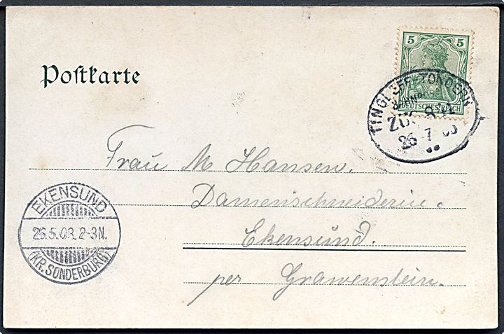 Tønder. Kaiserliche Postkontor. Ottmar Zieher u/no. Frankeret med 5 pfg. Germania annulleret med bureaustempel Tondern - Tingleff Bahnpost Zug 841 d. 26.7.1908 til Ekensund pr. Gravenstein.