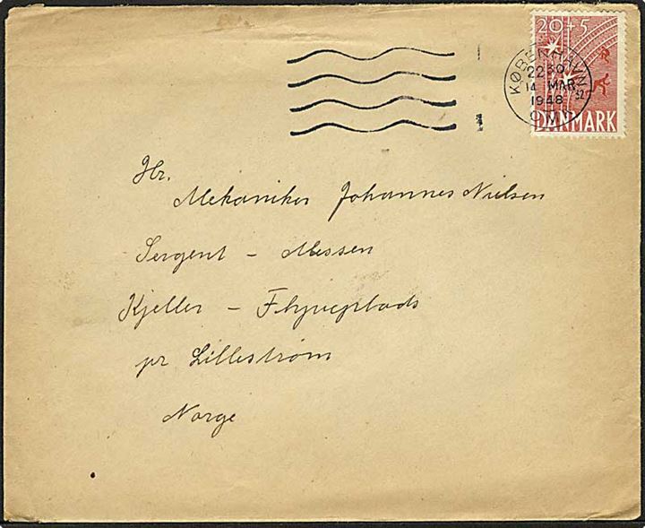 20+5 øre Frihedsfonden på brev fra København d. 14.3.1948 til mekaniker på Kjeller Flygplats ved Lillestrøm, Norge.