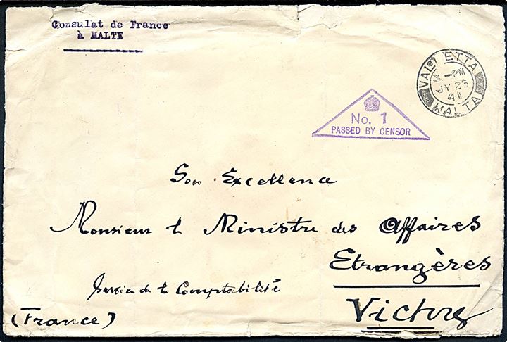 Ufrankeret diplomatbrev fra det franske konsulat på Malta stemplet Valetta Malta d. 25.7.1941 til Udenrigsministeriet i Vichy Frankrig. 3-kantet censurstempel No. 1 PASSED BY CENSOR og på bagsiden laksegl: DEPUTY CHIEF CENSOR MALTA. 
