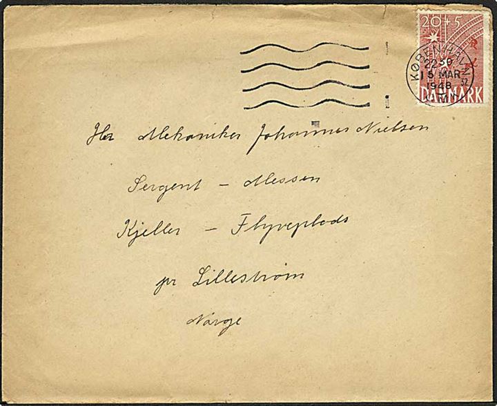 20+5 øre Frihedsfonden på brev fra København d. 15.3.1948 til mekaniker på Kjeller Flygplats ved Lillestrøm, Norge.