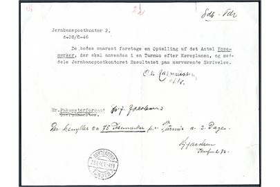 Skrivelse fra Jernbanepostkontor 2 d. 28.6.1948 vedr. optælling af posemærker pr. turnus. Besvaret af pakmesterformand og stemplet Sønderborg - Tønder sn1 T.419 d. 28.8.1948.