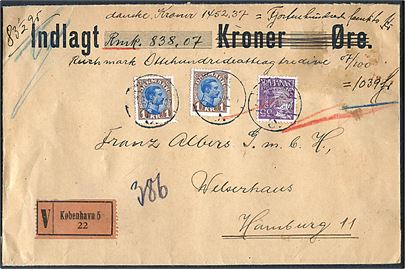 35 øre Karavel og 1 kr. Chr. X (2) på 235 øre frankeret værdibrev fra København d. 21.3.1934 til Hamburg, Tyskland.