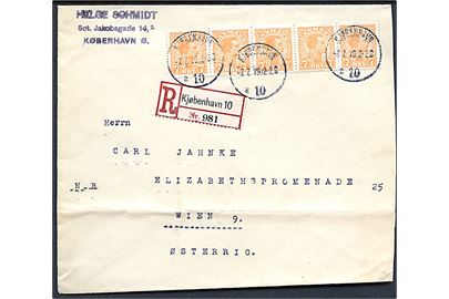 7 øre Chr. X i vandret 5-stribe på 35 øre frankeret anbefalet brev fra Kjøbenhavn d. 7.7.1919 til Wien, Østrig. Vandret fold.