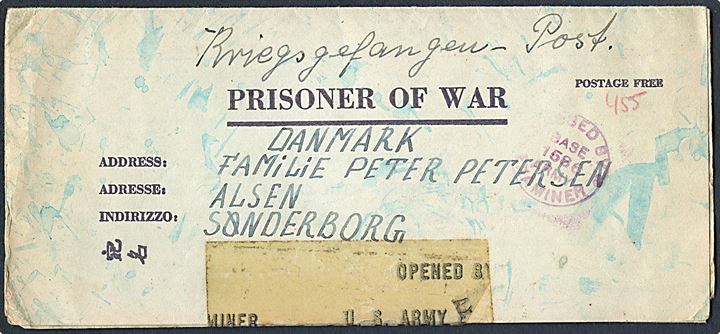 Ufrankeret fortrykt krigsfange-foldebrev fra tysk soldat i amerikansk fangenskab i Frankrig dateret d. 23.4.1945 til familie i Sønderborg, Danmark. Åbnet af amerikansk militærcensur. Uvist hvornår brevet har nået Danmark.