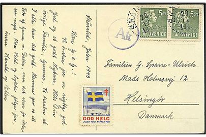 5 öre Bellman (2) og Julemærke 1940 på brevkort fra Skäralid d. 20.12.1940 til Helsingør, Danmark. Passér stemplet Ak.