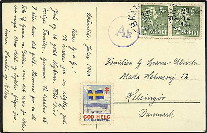 5 öre Bellman (2) og Julemærke 1940 på brevkort fra Skäralid d. 20.12.1940 til Helsingør, Danmark. Passér stemplet Ak.