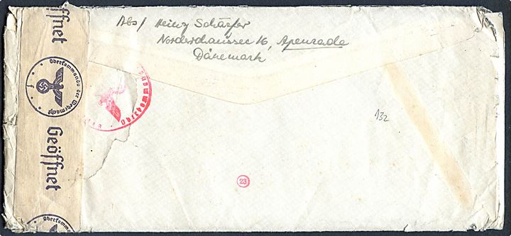20 øre Karavel (2) på brev med indhold fra Aabenraa d. 26.9.1941 til dansk soldat, Hans Tychsen, ved feldpost nr. 41278 (= 2. Kranken-Kraftwagen-Zug SS-Division Nord). Åbnet af tysk censur i Hamburg.