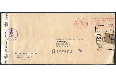 40 øre posthusfranko frankeret brev fra København d. 11.8.1945 til Sandander, Spanien. Åbnet af dansk efterkrigscensur (krone)/239/Danmark og spansk censur
