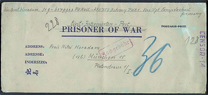 Ufrankeret krigsfange-foldebrev fra civil interneret i Dachau dateret d. 7.11.1946 til München. Violet censurstempel CENSOR-14 og udtakseret i 36 pfg. tysk porto.