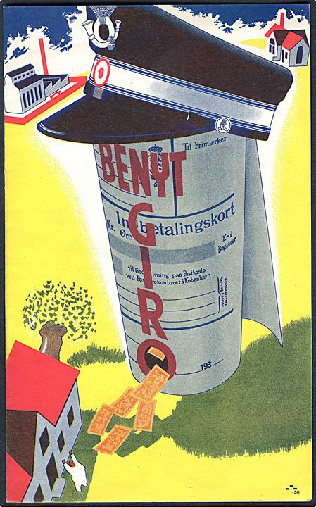 Benyt GIRO. Lille illustreret reklamehæfte udgivet af Post- og Telegrafvæsenet i juni 1938. 8 sider.